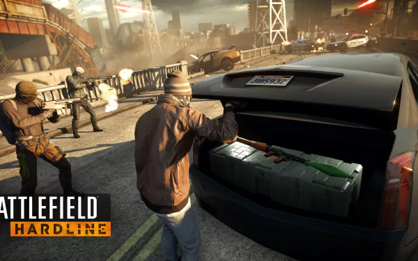 Battlefield: Hardline video game 2K Quad HD PC wallpaper — urban heist: a suspect opens a car trunk while armed officers advance amid a chaotic street shootout.