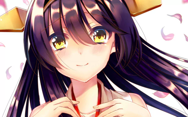 A vibrant HD desktop wallpaper featuring an anime character from Kantai Collection, with long dark hair, golden eyes, and a cheerful expression surrounded by pink petals.