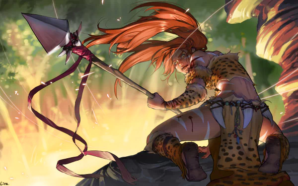 HD PC desktop wallpaper of Nidalee (League of Legends), a video game champion crouched on a rock in jungle light, spear raised, orange hair and leopard-skin attire.
