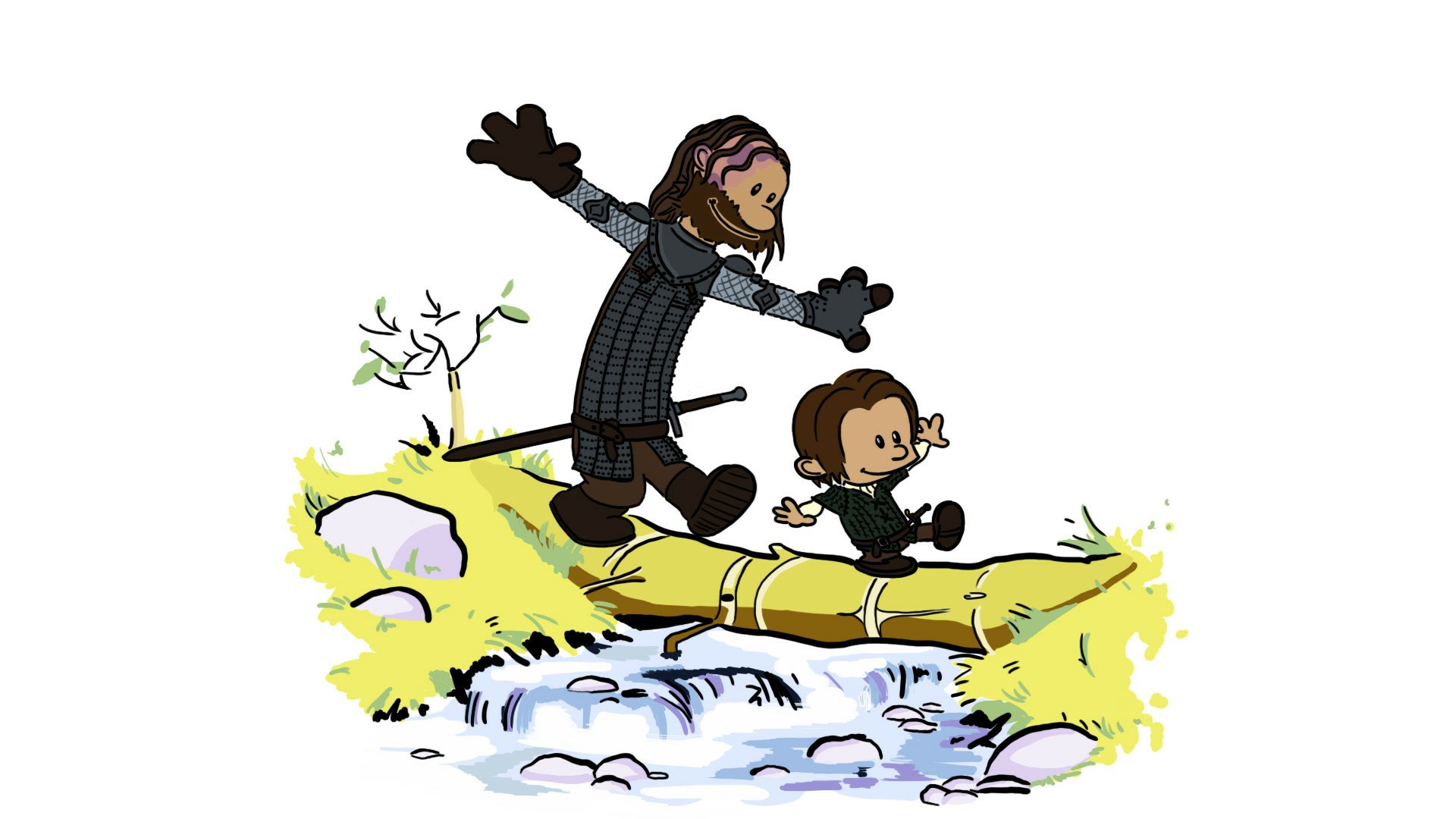 HD PC desktop wallpaper: cartoon Arya Stark and Sandor Clegane from the TV show Game of Thrones balancing on a log as they cross a rushing stream.