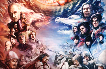 HD desktop wallpaper featuring characters from the TV show Game of Thrones, depicting an epic battle between the houses on a fiery and icy battlefield.