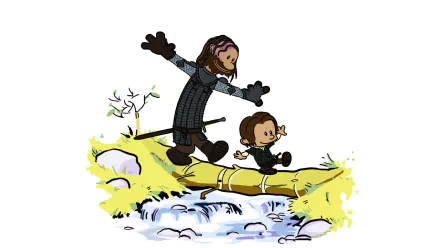 HD PC desktop wallpaper: cartoon Arya Stark and Sandor Clegane from the TV show Game of Thrones balancing on a log as they cross a rushing stream.