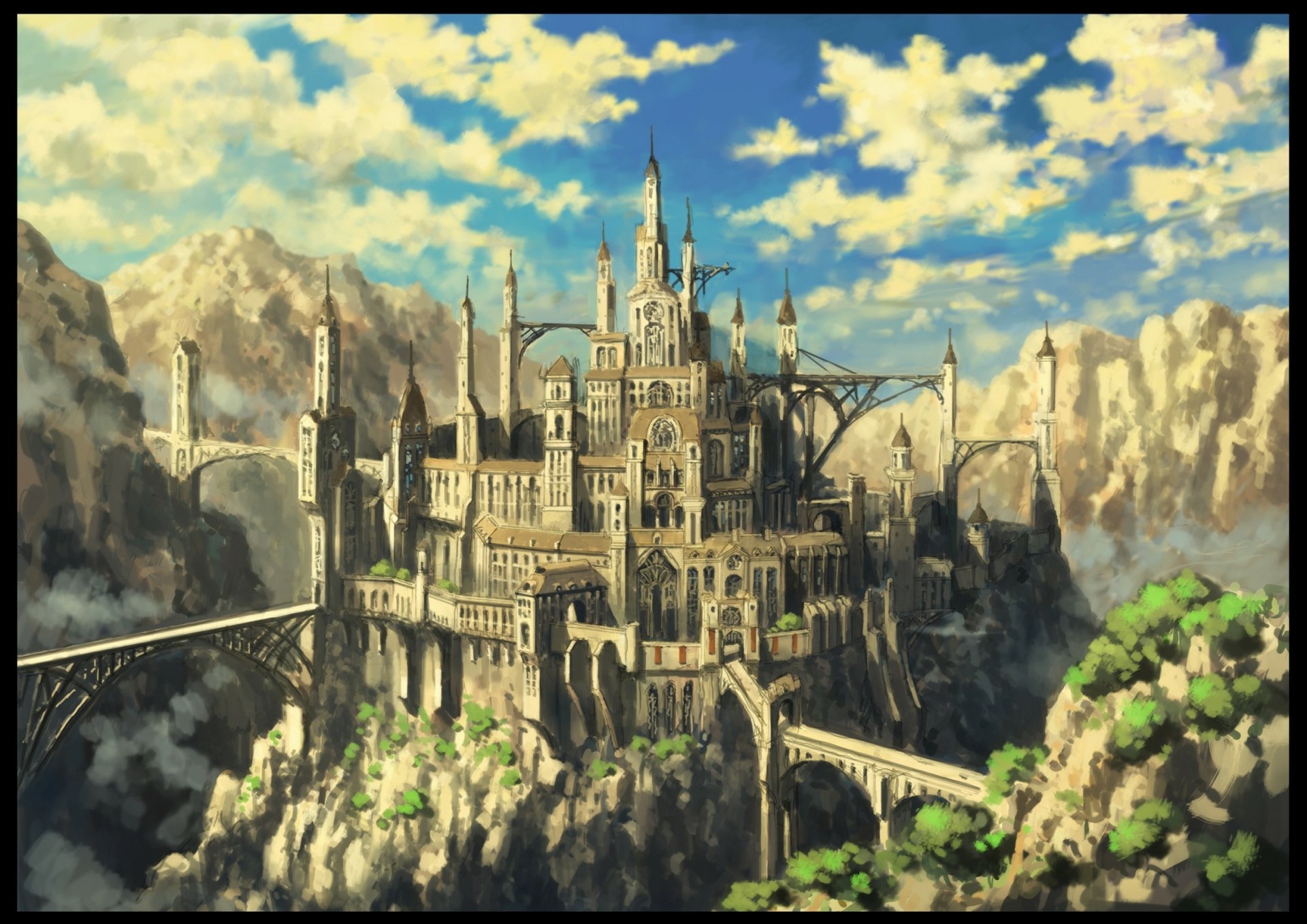 Majestic Castle in a Fantasy Mountain Landscape - HD Wallpaper