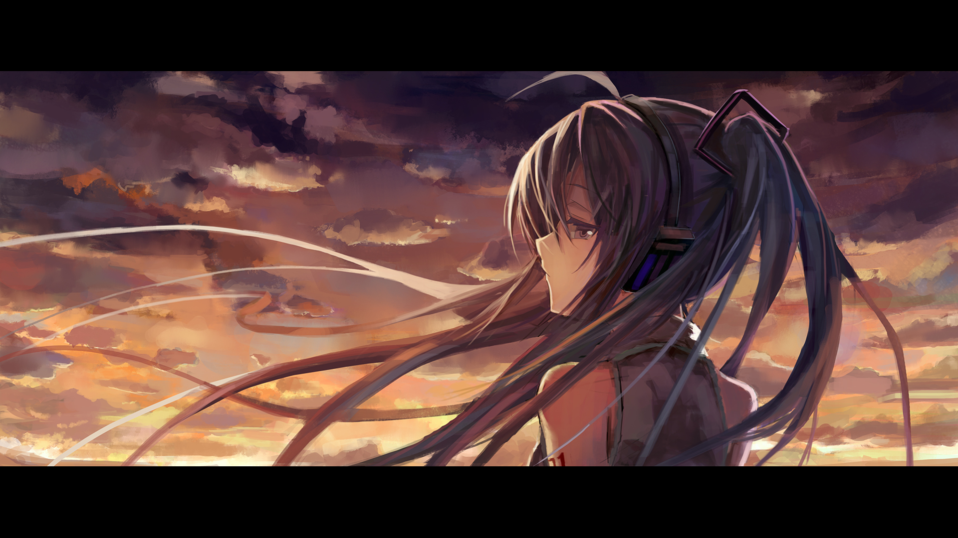 HD anime desktop wallpaper featuring Hatsune Miku from Vocaloid, with her long teal hair flowing against a dramatic sunset sky filled with clouds.