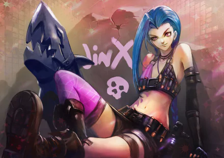 HD wallpaper featuring Jinx from League of Legends, holding a gun, with a vibrant, dynamic background that captures her playful yet chaotic nature in the game.