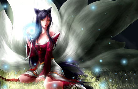 HD PC desktop wallpaper featuring Ahri from League of Legends, showcasing her glowing charm and nine mystical tails in a dark, magical outdoor setting.