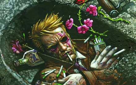 HD PC desktop wallpaper featuring a dark and gritty Hellblazer comic scene with a bloodied man surrounded by cigarettes and pink flowers.