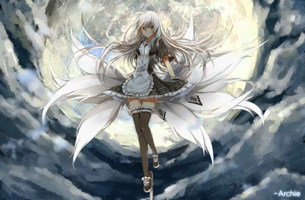 HD desktop wallpaper of the video game character Ara from Elsword, dressed in a maid outfit with multiple tails, standing against a dramatic sky with a large moon in the background.