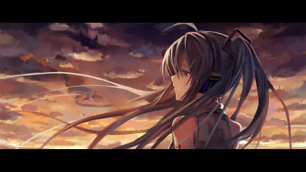 HD anime desktop wallpaper featuring Hatsune Miku from Vocaloid, with her long teal hair flowing against a dramatic sunset sky filled with clouds.