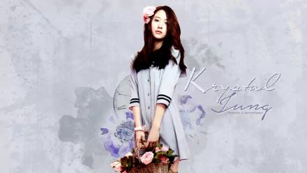 HD PC desktop wallpaper featuring Krystal Jung from F(x) holding a basket of flowers against a soft, artistic gray and purple background with her name in elegant script.