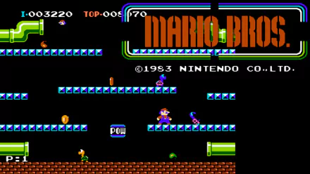 HD PC desktop wallpaper featuring a classic 1983 Nintendo Mario Bros. video game screen with pixelated platforms, characters, and iconic game elements.