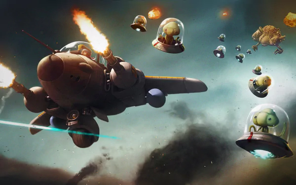 HD PC desktop wallpaper from Metal Slug XX: armored fighter plane firing through a stormy sky, chased by small alien UFOs and robotic enemies in a dramatic video game battle scene.