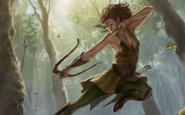 A dynamic elf archer poised to shoot an arrow in a misty, enchanted forest, rendered in stunning 4K Ultra HD fantasy art for PC desktop wallpaper.