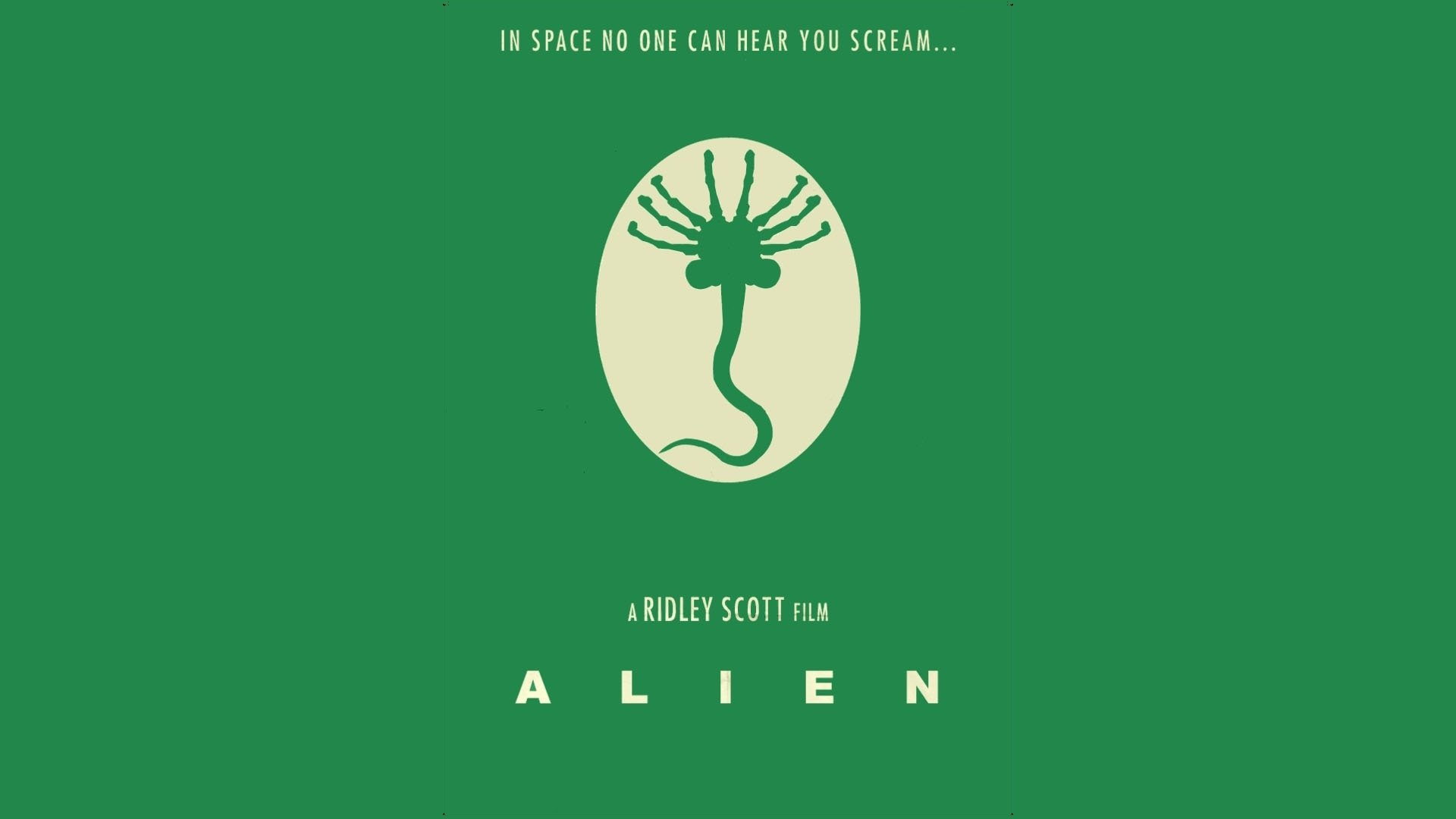 HD PC desktop wallpaper for the movie Alien: minimalist green background with an egg-shaped facehugger silhouette above the film title and tagline.