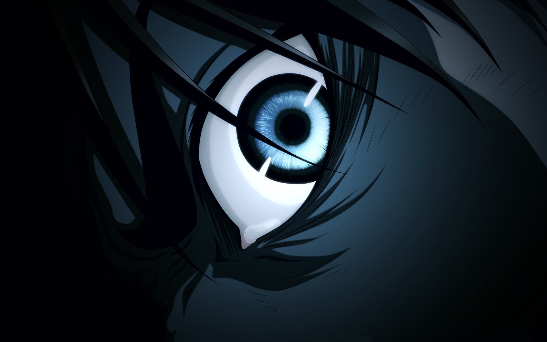 Close-up of Eren Yeager's intense eye from the anime Attack on Titan, presented as an HD desktop wallpaper, emphasizing striking details and vibrant colors.
