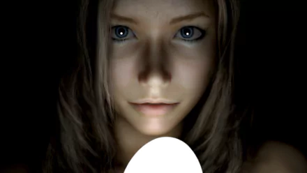 Artistic HD PC desktop wallpaper featuring a woman's face emerging from darkness with intense blue eyes and soft lighting.