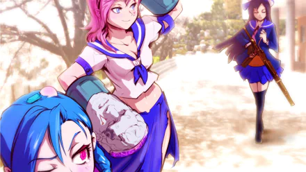 HD desktop wallpaper featuring Caitlyn, VI, and Jinx from League of Legends, depicted in school uniforms, set in a vibrant, colorful background.