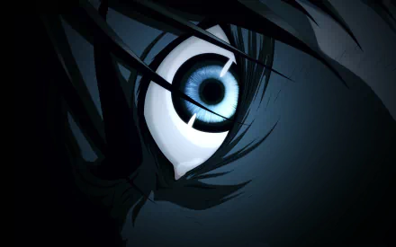 Close-up of Eren Yeager's intense eye from the anime Attack on Titan, presented as an HD desktop wallpaper, emphasizing striking details and vibrant colors.