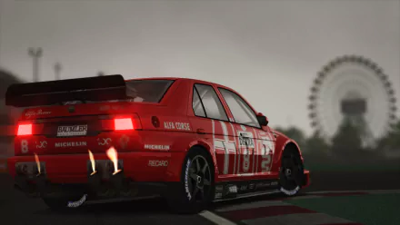 HD desktop wallpaper featuring a red Alfa Romeo 155 racing car from the Assetto Corsa video game, captured on a track with a blurred Ferris wheel in the background.
