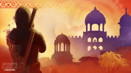 HD desktop wallpaper featuring a silhouette of a character from Assassin's Creed Chronicles: India, with vibrant orange and purple tones and traditional Indian architecture in the background.