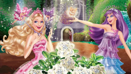 HD PC desktop wallpaper featuring characters from the movie Barbie: The Princess & The Popstar in a magical garden setting with sparkling effects and vibrant colors.