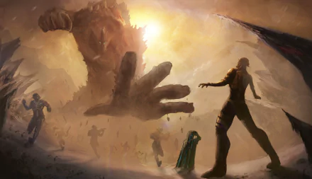 HD fantasy desktop wallpaper depicting a dramatic scene with a towering giant reaching out toward several smaller human figures in a hazy, glowing battlefield.