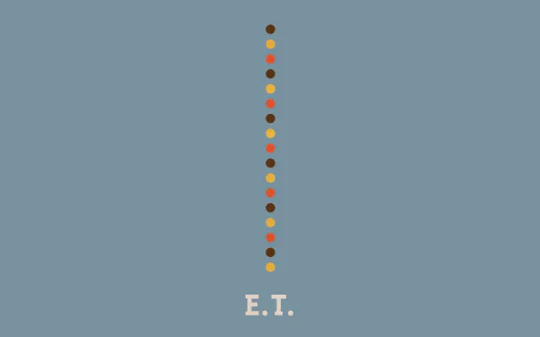HD desktop wallpaper of E.T. the Extra-Terrestrial featuring minimalist artwork with colored dots in a vertical line on a blue background, with E.T. text at the bottom.