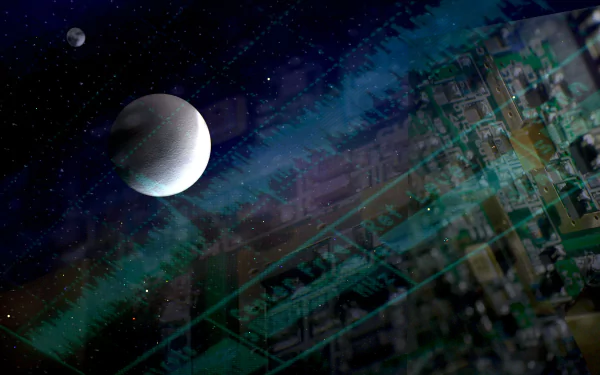 4K Ultra HD desktop wallpaper blending outer space with circuit board imagery, symbolizing SETI and SETI@home technology exploration.