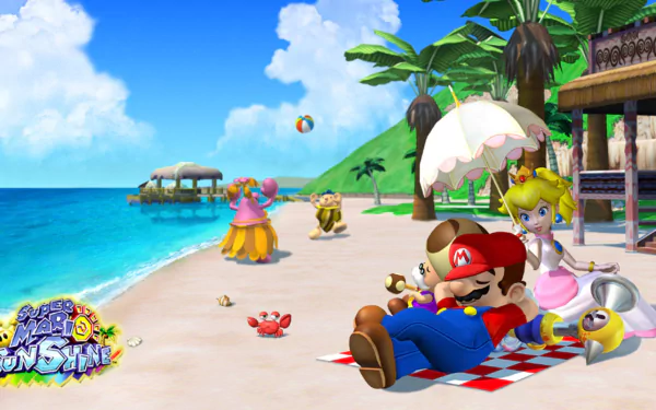 A vibrant HD desktop wallpaper featuring Princess Peach and Mario relaxing on a beach in Super Mario Sunshine, surrounded by tropical scenery and playful beach elements.