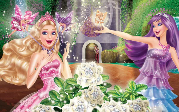 HD PC desktop wallpaper featuring characters from the movie Barbie: The Princess & The Popstar in a magical garden setting with sparkling effects and vibrant colors.