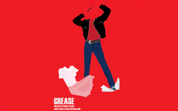 Minimalist 8K Ultra HD PC desktop wallpaper featuring iconic silhouettes from the movie Grease against a bold red background.