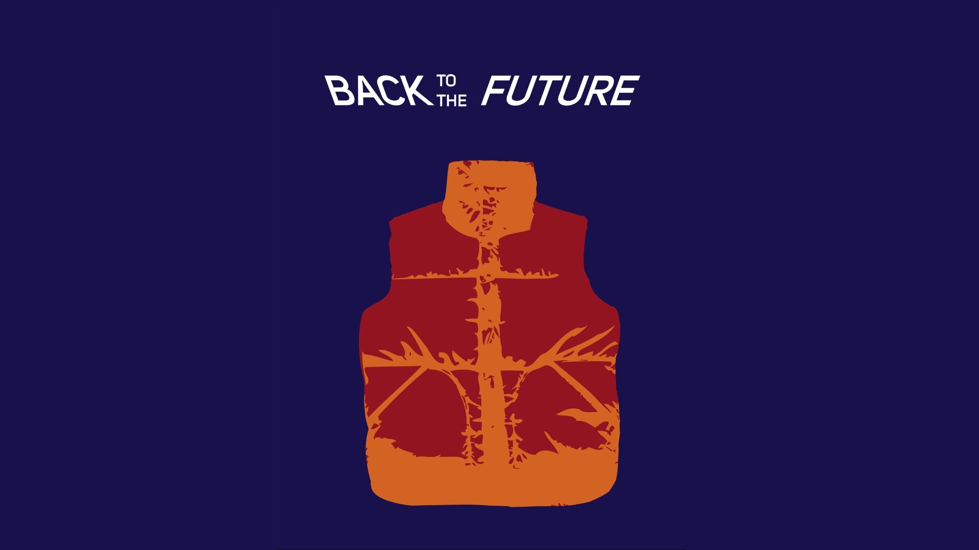 Minimalist 4K Ultra HD desktop wallpaper featuring the iconic orange vest from the movie Back To The Future on a dark blue background.