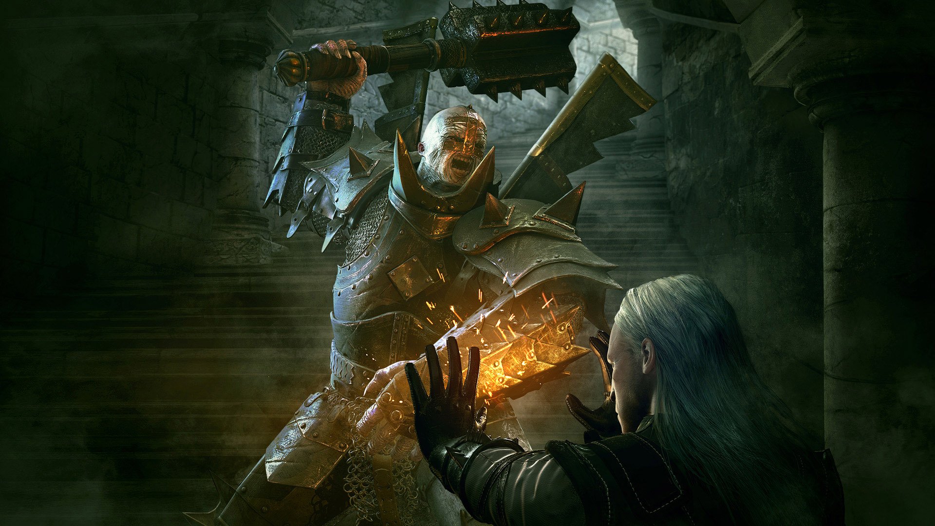 HD PC desktop wallpaper/background from the video game The Witcher 2: Assassins of Kings showing Geralt blocking a glowing armored knight’s mace in a dark ruined hall.