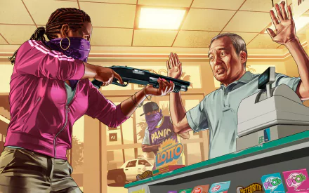 A dynamic HD wallpaper from Grand Theft Auto V depicting a robbery scene, featuring a masked character confronting a cashier in a convenience store setting.