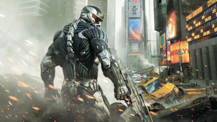 A striking HD desktop wallpaper from Crysis 2, featuring a futuristic soldier in a war-torn cityscape, with explosions and debris highlighting the intense atmosphere of the game.