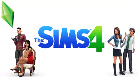 High-definition wallpaper featuring characters from The Sims 4, showcasing a vibrant design with the game's logo and iconic green diamond, perfect for video game enthusiasts.