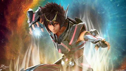 HD desktop wallpaper featuring Pegasus Seiya from the anime Saint Seiya, depicted in a dynamic pose with a colorful, cosmic background.