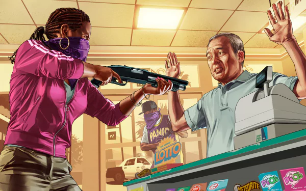 A dynamic HD wallpaper from Grand Theft Auto V depicting a robbery scene, featuring a masked character confronting a cashier in a convenience store setting.
