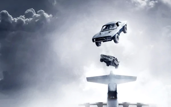 HD desktop wallpaper featuring a dramatic scene from the movie Furious 7, tagged under Fast & Furious, with cars mid-air above an airplane amidst clouds.