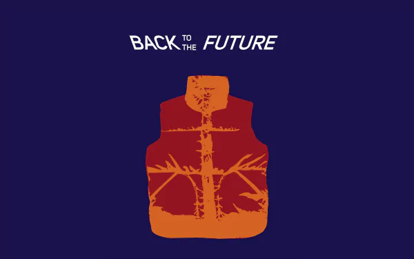 Minimalist 4K Ultra HD desktop wallpaper featuring the iconic orange vest from the movie Back To The Future on a dark blue background.