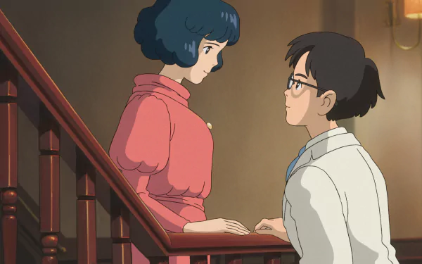 HD desktop wallpaper featuring two characters from The Wind Rises having a tender moment on a staircase.