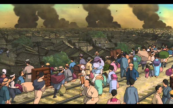 HD desktop wallpaper from The Wind Rises featuring a bustling town scene with people and looming smoke in the background.