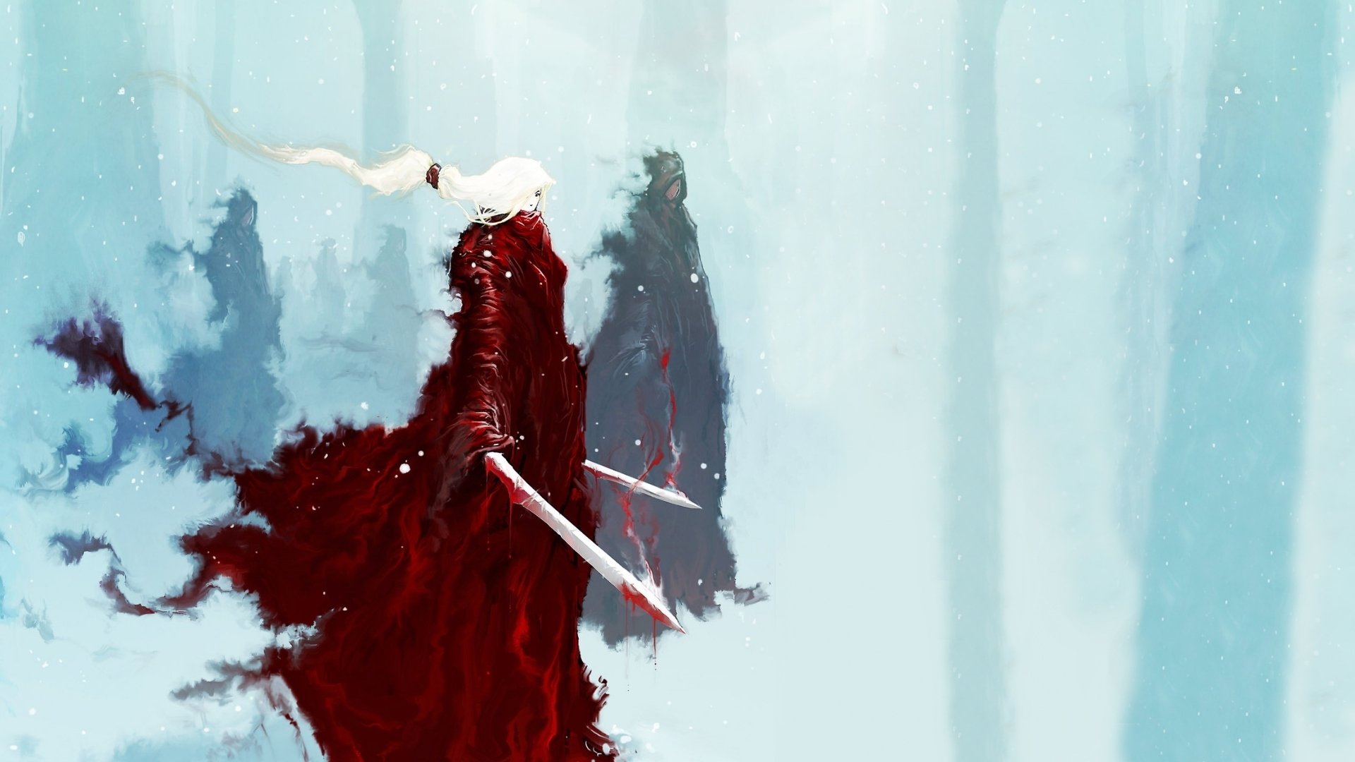 A fierce fantasy warrior stands in a misty landscape, wielding dual swords. Clad in a striking red cloak, they embody strength and resilience in this captivating HD desktop wallpaper.