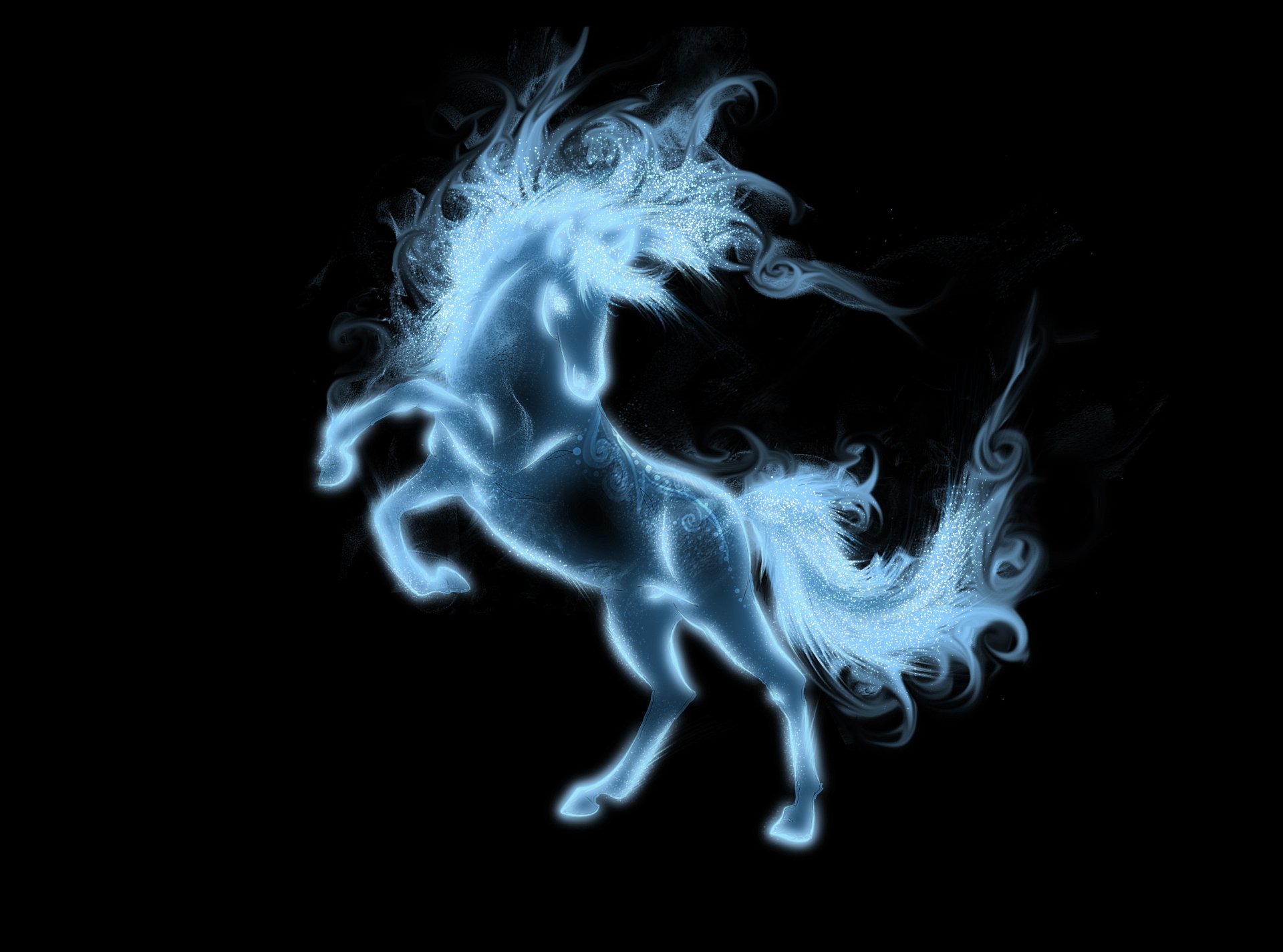 HD desktop wallpaper featuring a glowing, ethereal horse with flowing mane and tail set against a dark background.