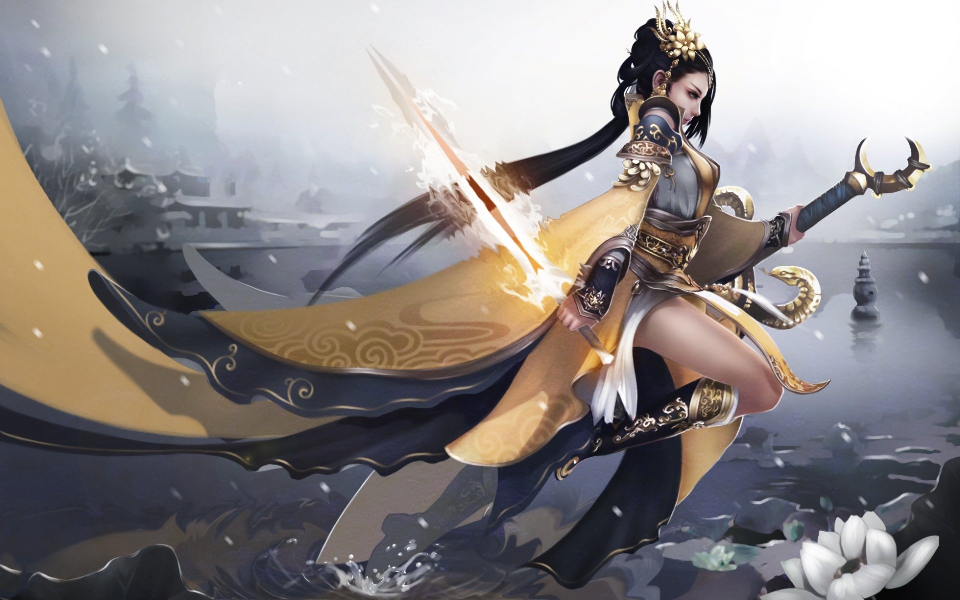 A striking fantasy scene featuring a woman warrior wielding a sword, adorned in elaborate attire, set against a serene landscape, creating an engaging HD desktop wallpaper.