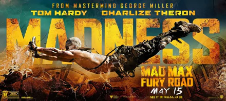 HD PC desktop wallpaper featuring Nux from Mad Max: Fury Road, with bold text highlighting the cast including Tom Hardy, Charlize Theron, and a mention of George Miller.