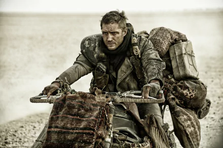 Max Rockatansky, played by Tom Hardy, rides a rugged motorcycle in a desert scene from the movie Mad Max: Fury Road, captured in 4K Ultra HD.