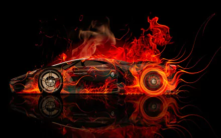 HD PC desktop wallpaper featuring a Ferrari F80 engulfed in dynamic, fiery flames against a black background, emphasizing speed and power.