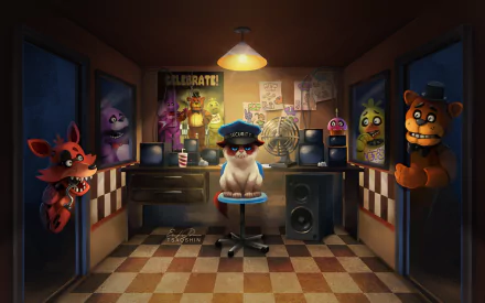 HD wallpaper of a grumpy cat dressed as a security guard, sitting in a control room from Five Nights at Freddy's, surrounded by Freddy, Foxy, and other characters from the game, radiating a humorous vibe.