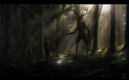 HD PC desktop wallpaper featuring a dark, misty forest scene with a towering fantasy creature resembling a deer with glowing antlers.